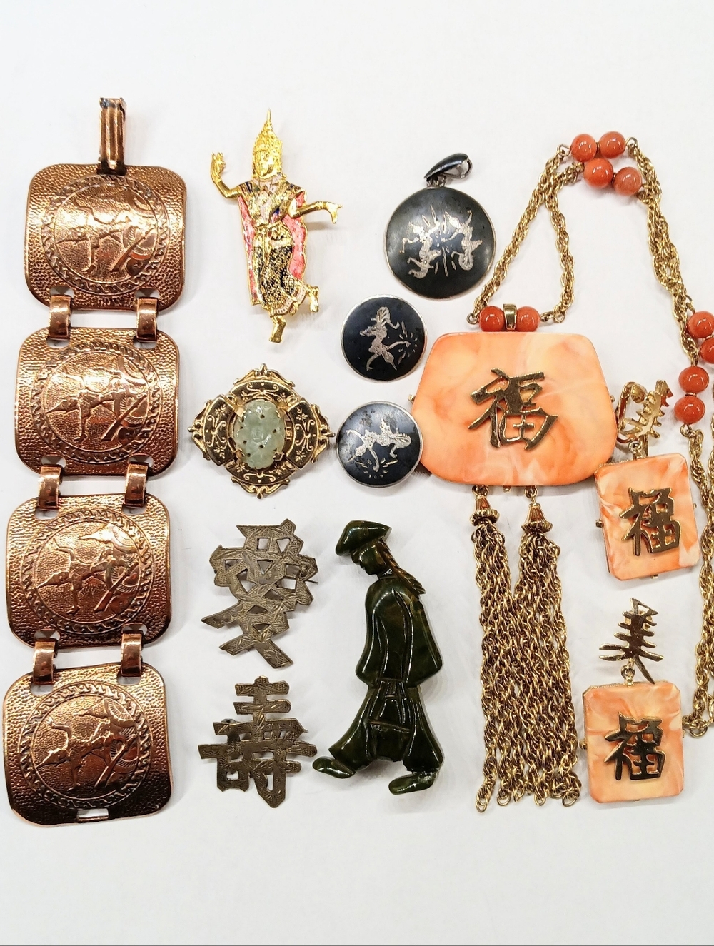 Vintage Asian Inspired Jewelry Lot Siam Niello Jade Sterling Symbols READ DESC.